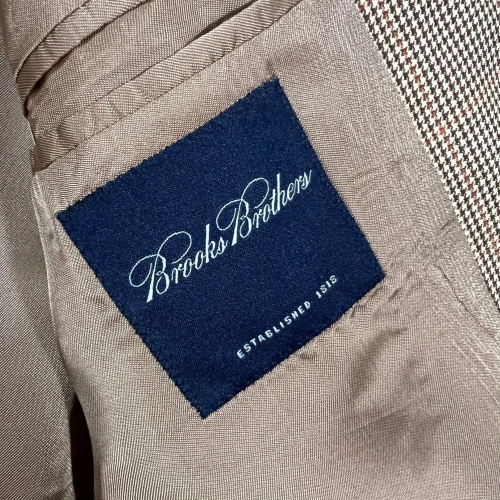 Brooks Brothers Sport Coat Mens 41L Tan Houndstooth Excellent Worsted Wool Italy